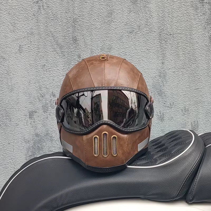 Punk Retro Motorcycle Helmet PU Leather Moto Racing Helemt Motocross Capacete Vintage Helmet Full Face Motorcycle Riding Helmets