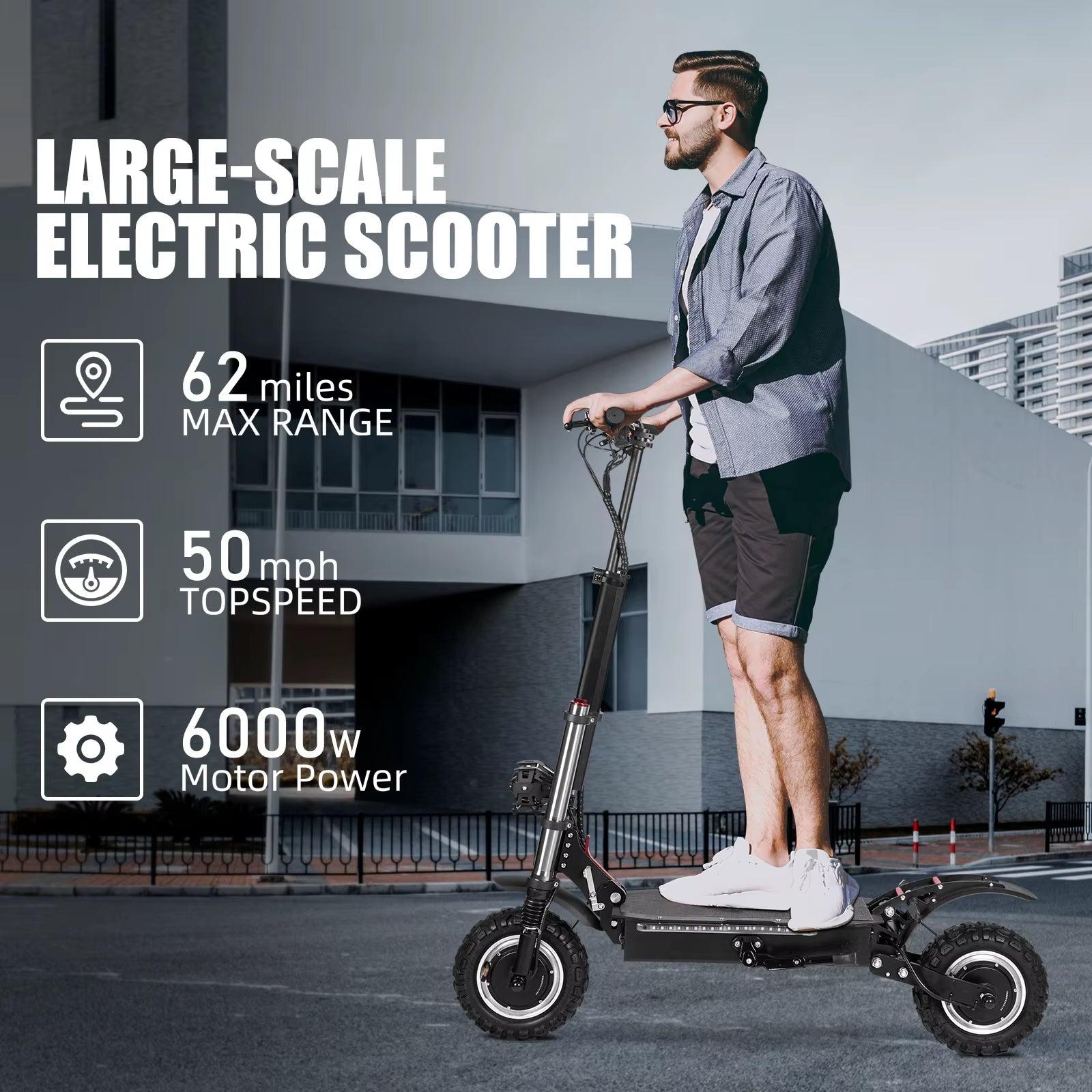 6000W High Power Adult Electric Scooter Off-Road Commute Foldable 60V 38Ah Large Battery 60 Miles Range 50 Mph Fast E-Scooter