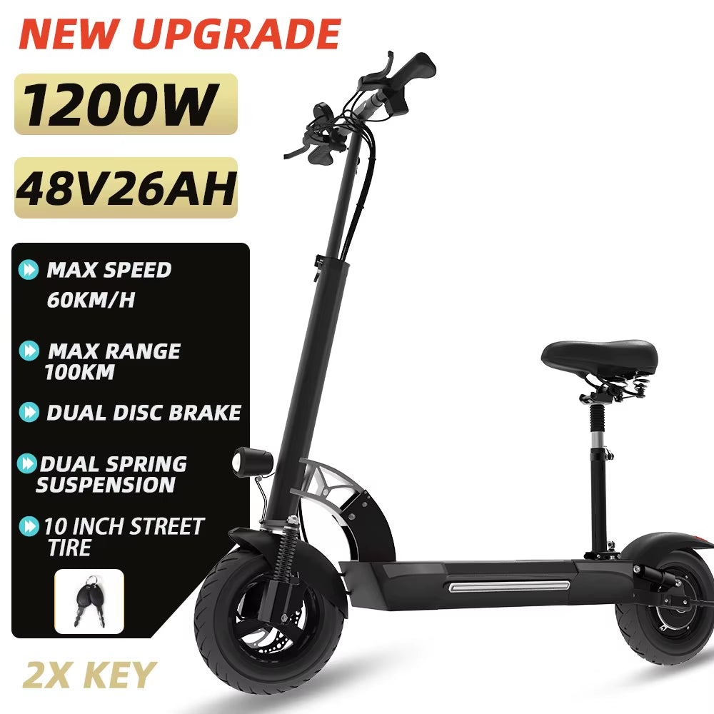 1200W Rear Motor Electric Scooter 55KM/H Max Speed E-Scooter for Adult 10'' Pneumatic Tyres Trottinettes Électriques Disc Brake
