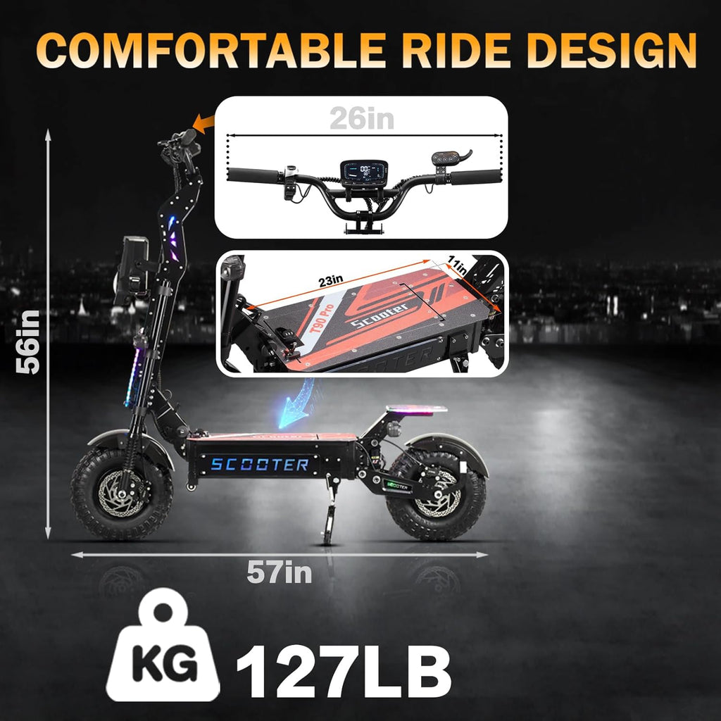 T90 Pro 72V10000W Electric Scooter for Adults, Dual Motor, 68 MPH Max Speed, Removable Battery, 14" Off-Road Tires, Music Light, Waterproof, 65 Mile Range, Fast E-Scooter