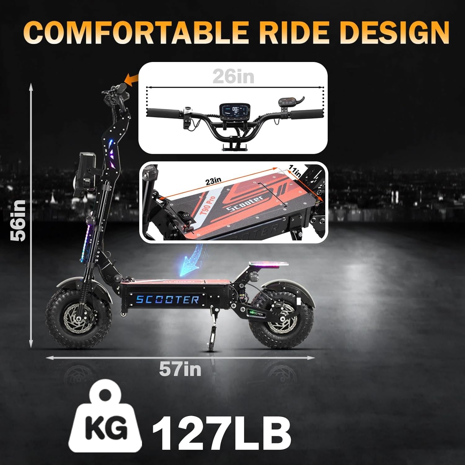 T90 Pro 72V10000W Electric Scooter for Adults, Dual Motor, 68 MPH Max Speed, Removable Battery, 14" Off-Road Tires, Music Light, Waterproof, 65 Mile Range, Fast E-Scooter