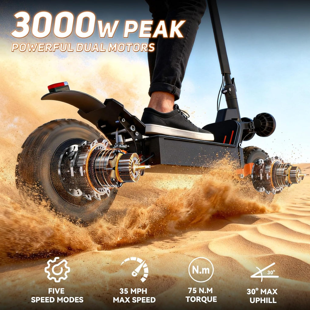 Off Road Electric Scooter for Adults, 3000W Dual Motors, up to 35 MPH & 70 Miles Range, 48V 20Ah Battery, 11" All-Terrain Tires, NFC Unlock, Foldable Fast E-Scooter, Dual Suspension for Commuting