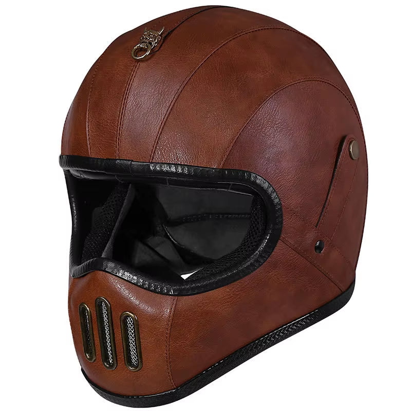 Punk Retro Motorcycle Helmet PU Leather Moto Racing Helemt Motocross Capacete Vintage Helmet Full Face Motorcycle Riding Helmets