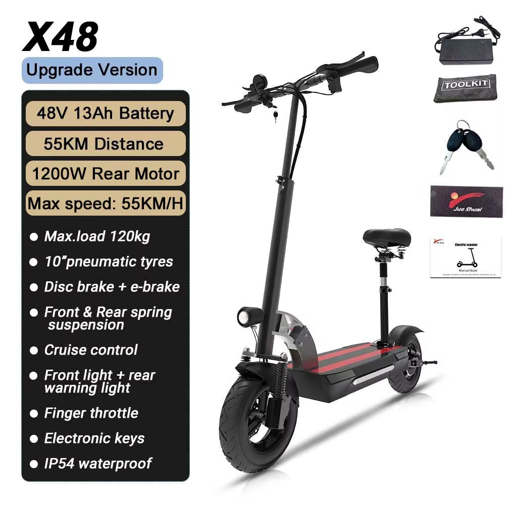 1200W Rear Motor Electric Scooter 55KM/H Max Speed E-Scooter for Adult 10'' Pneumatic Tyres Trottinettes Électriques Disc Brake