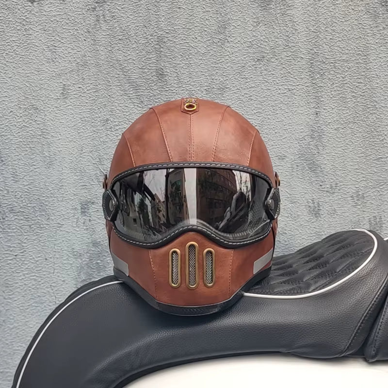 Punk Retro Motorcycle Helmet PU Leather Moto Racing Helemt Motocross Capacete Vintage Helmet Full Face Motorcycle Riding Helmets