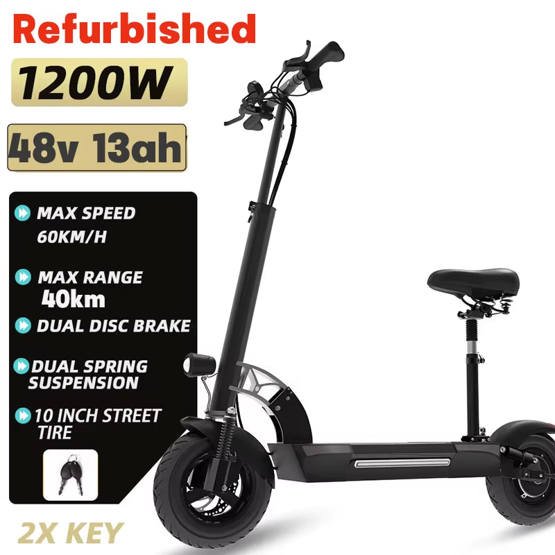 1200W Rear Motor Electric Scooter 55KM/H Max Speed E-Scooter for Adult 10'' Pneumatic Tyres Trottinettes Électriques Disc Brake