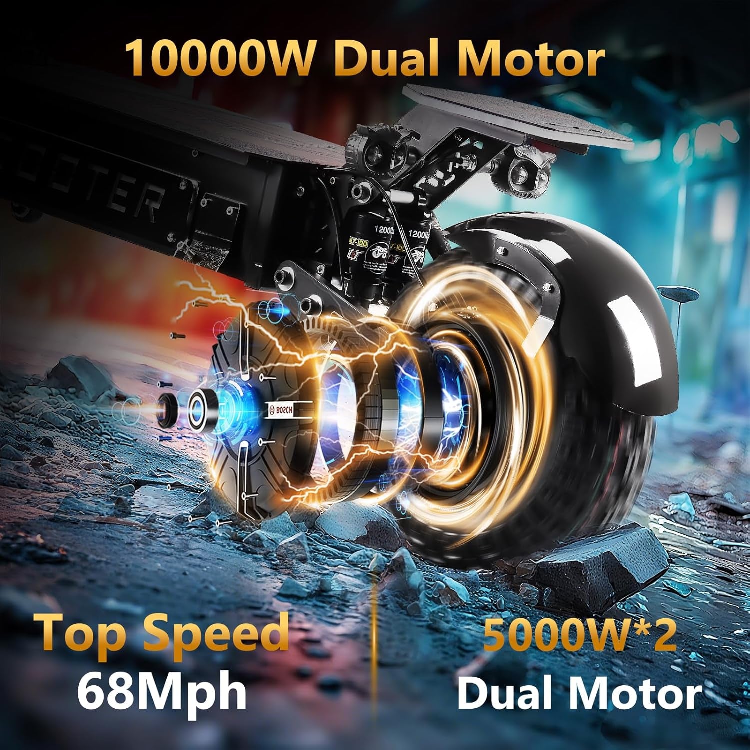 T90 Pro 72V10000W Electric Scooter for Adults, Dual Motor, 68 MPH Max Speed, Removable Battery, 14" Off-Road Tires, Music Light, Waterproof, 65 Mile Range, Fast E-Scooter