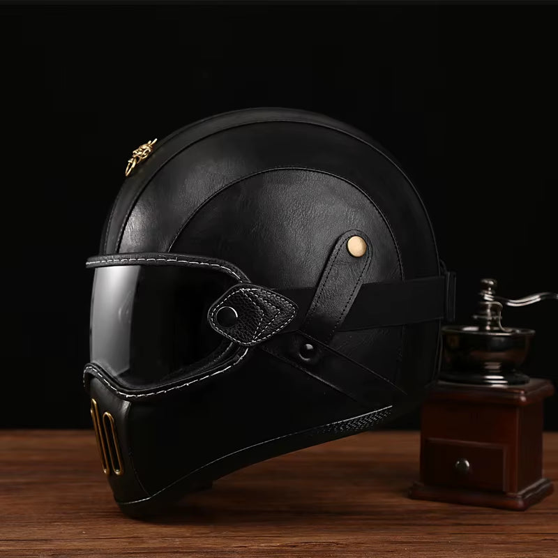 Punk Retro Motorcycle Helmet PU Leather Moto Racing Helemt Motocross Capacete Vintage Helmet Full Face Motorcycle Riding Helmets