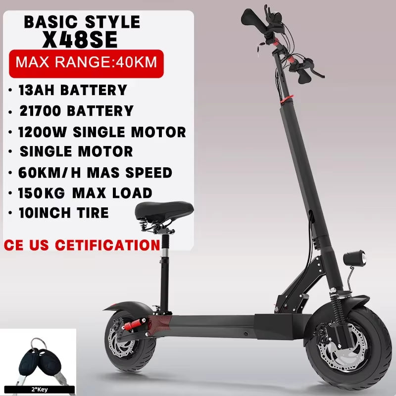 1200W Rear Motor Electric Scooter 55KM/H Max Speed E-Scooter for Adult 10'' Pneumatic Tyres Trottinettes Électriques Disc Brake