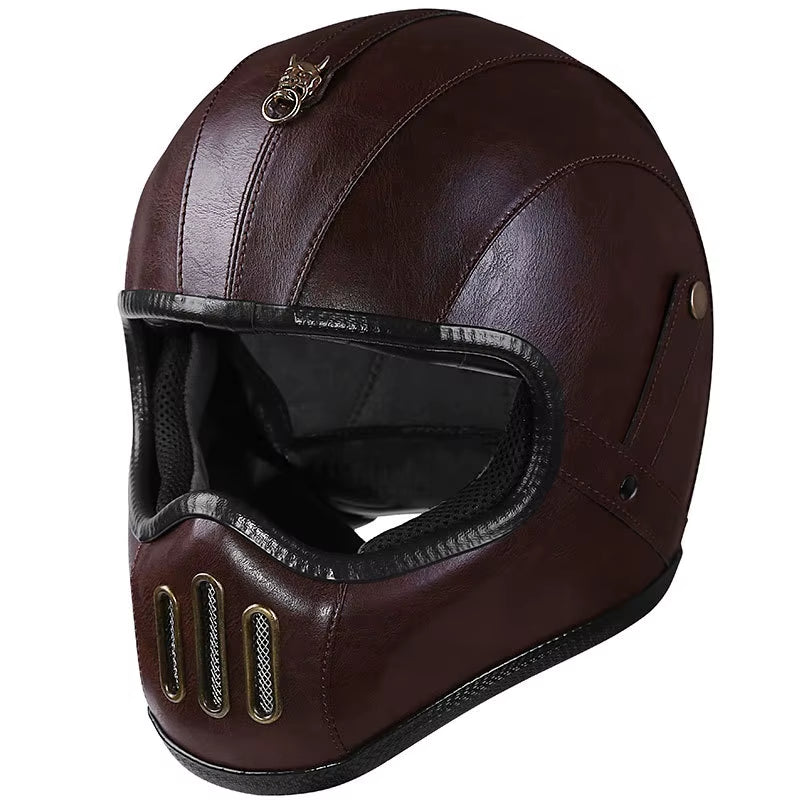 Punk Retro Motorcycle Helmet PU Leather Moto Racing Helemt Motocross Capacete Vintage Helmet Full Face Motorcycle Riding Helmets